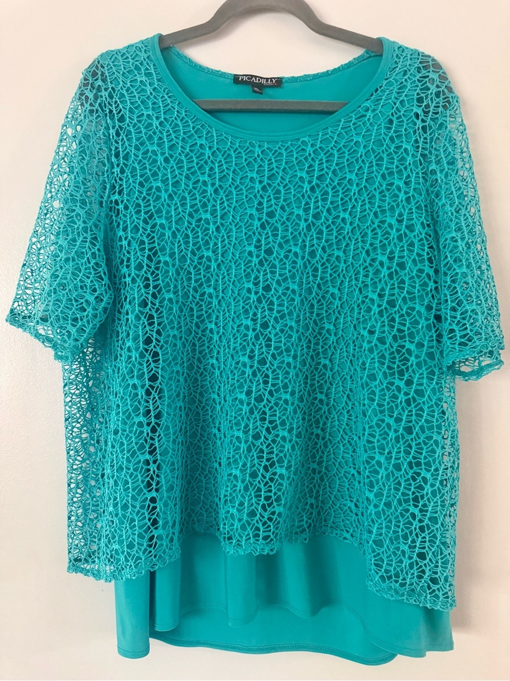 Vintage Piccadilly Turquoise Blue Lace Layered Short Sleeve Top - XL